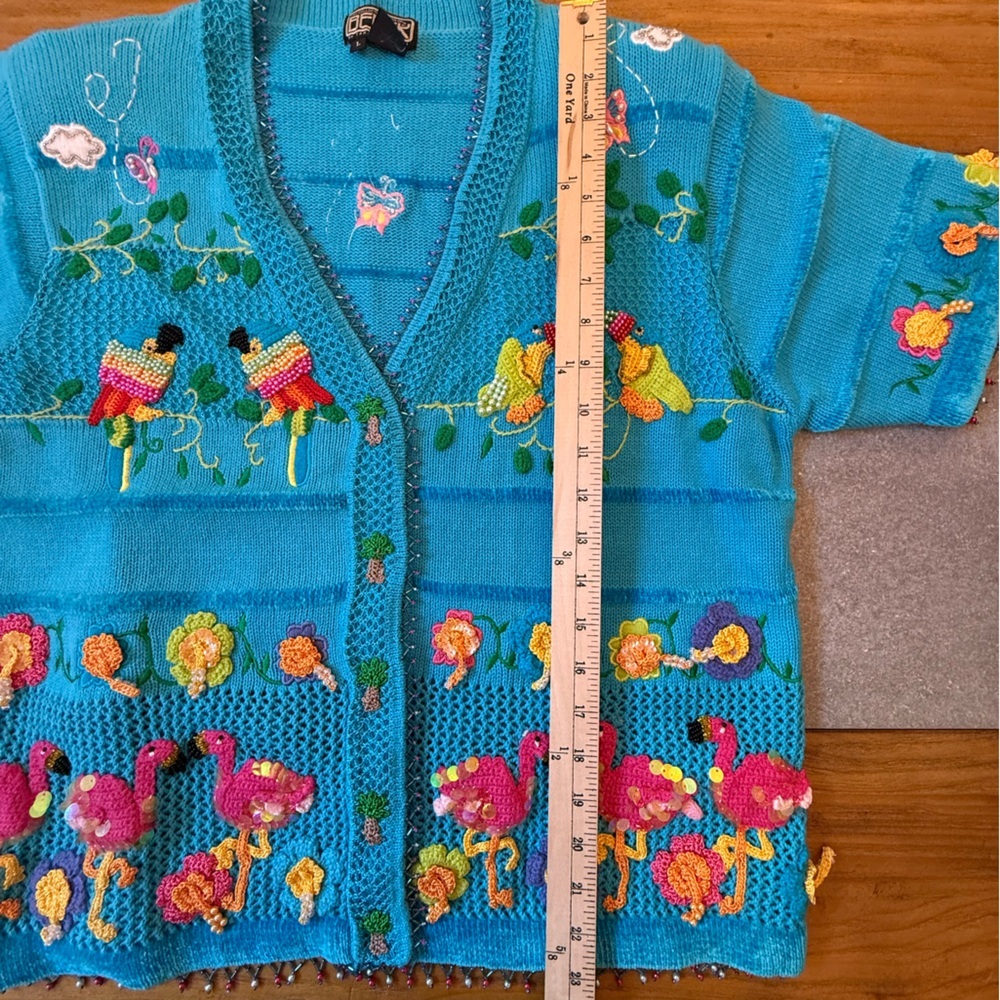 Berek Blue Art to Wear Hand Knitted Embellished Cardigan Sweater Rare Large VTG - Picture 15 of 16